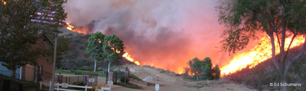 A wildfire burning a hillside with flames raging and smoke billowing.